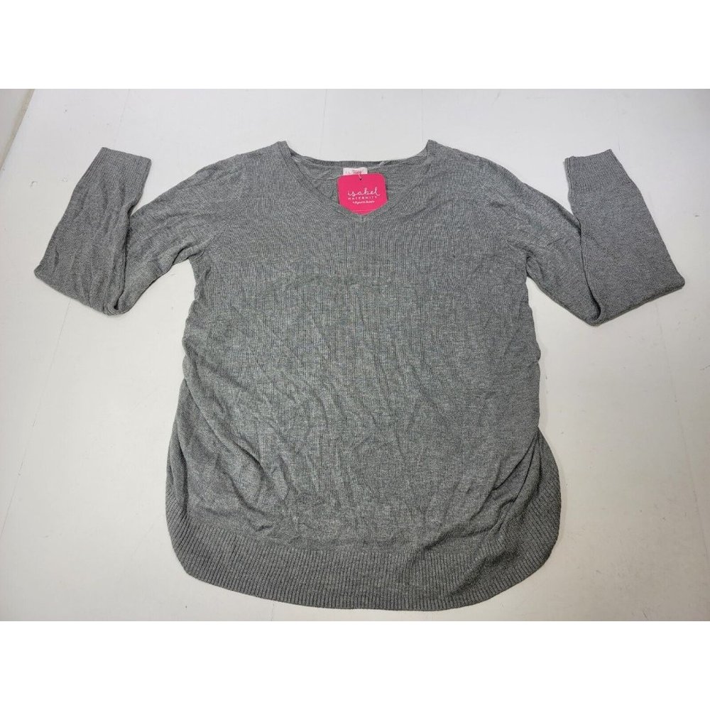 Isabel Maternity Gray V Neck Long Sleeve Side Ruched Sweater Shirt XL NWT